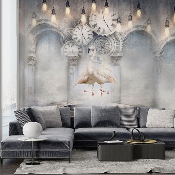 Image 1 of Art gift Фототапет Фламинго под европейски часовник