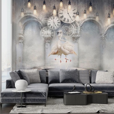 Art gift Фототапет Фламинго под европейски часовник