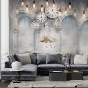 Art Gift Decor Фототапет Фламинго под европейски часовник