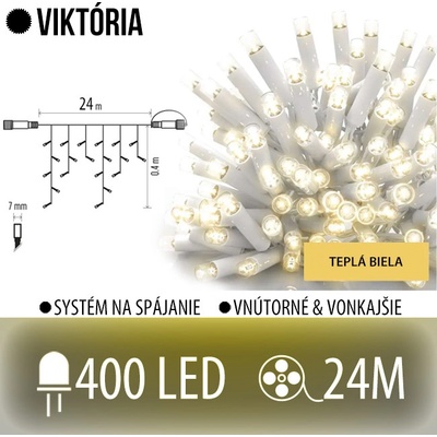 Viktória led svetelná záclona vonkajšia 400led 24m teplá biela biely kábel