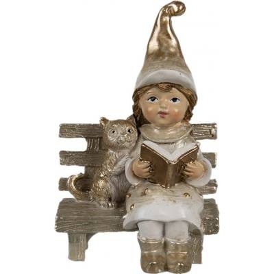 Clayre & Eef Béžovo-zlatá dekorace děvčátko s kočičkou na lavičce - 6*5*9 cm