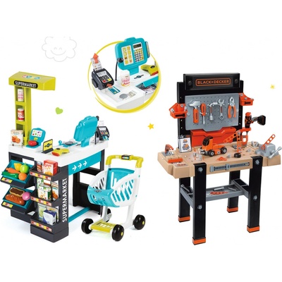 Smoby set pracovná dielňa Black & Decker elektronická a obchod Supermarket s doplnkami