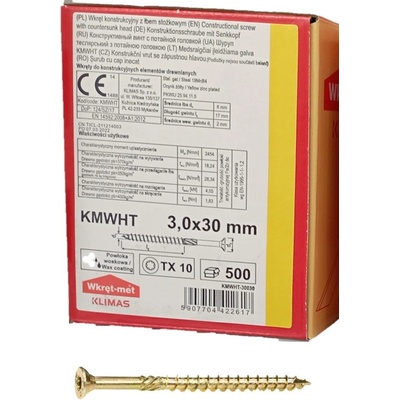 TX 3x30mm - 500 ks - Skrutky / Vruty do dreva so zapustenou hlavou, KMWHT