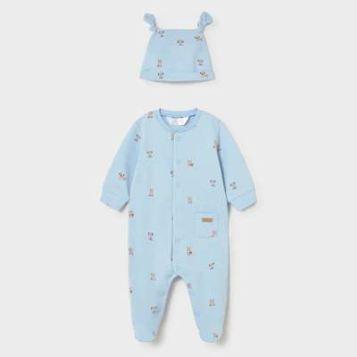 Mayoral Гащеризон дълъг с шапка в светло син цвят с кученца за новородено момче Mayoral