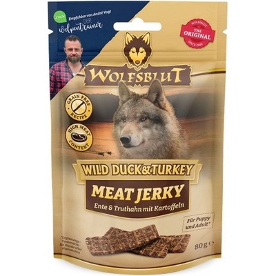 Wolfsblut Meat Jerky WILD Duck Turkey - Лакомство за куче със сушено патешко и пуешко месо, Германия - 80 гр - WB785636