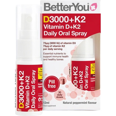 BetterYou Vitamin D 3000 IU + K2 Daily Oral Spray, Orální sprej, 12 ml