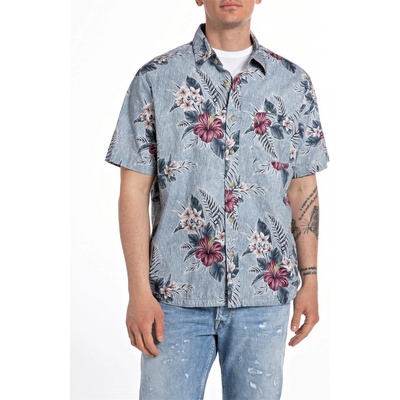 Replay Риза с къс ръкав Replay Men's Floral Print Short Sleeve Relaxed Fit Shirt - Blue 010