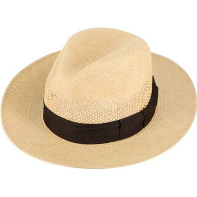 Fiebig Headwear since 1903 Letní béžový slaměný klobouk Fedora ručně pletený s hnědou stuhou Panamský golfový klobouk