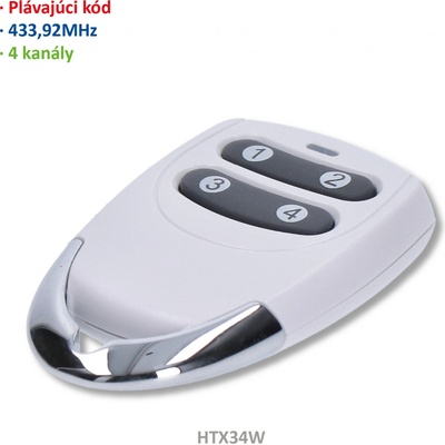 Vysielač 4-kanálový, 433MHz, plávajúci kód, biely