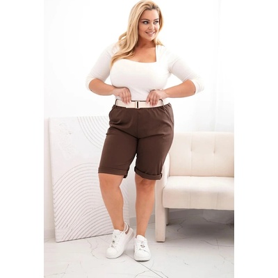 Legínovo dámske bavlnené kraťasy Plus Size s opaskom hnedé