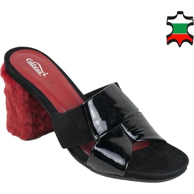 Български обувки Дамски чехли от естествена кожа велур и лак с ток с косъм