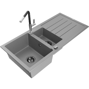 Mexen Andres гранитна мивка 1, 5-камерна с отцедник и кухненски смесител Flora, сив - 6515-71-670401-07-B (6515-71-670401-07-B)