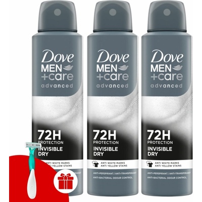 Dove Men+Care Invisible Dry deospray 3 x 150 ml + holiaci strojček Dove
