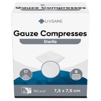 LIVSANE Sterilné gázové tampóny kompres 7,5 x 7,5 cm 50 ks