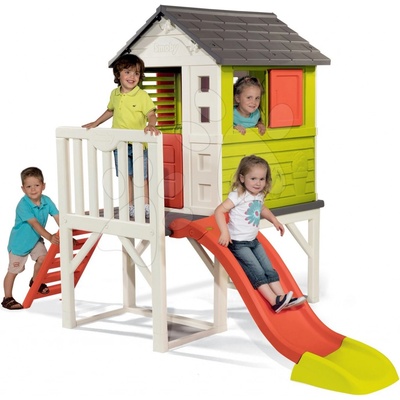 Smoby set domeček na pilířích Pilings House s 1,5 m skluzavkou 2 židle Kid Chair a stolek 810800-9