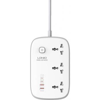 LDNIO GaN Desktop Power Strip With USB-C Hub 65W - разклонител с 3 AC изхода и вградени 2хUSB-C и 2хUSB-A изхода за мобилни устройства (бял)