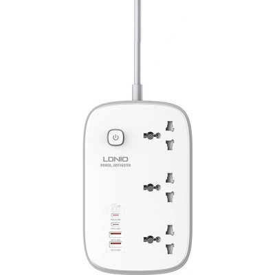 LDNIO GaN Desktop Power Strip With USB-C Hub 65W - разклонител с 3 AC изхода и вградени 2хUSB-C и 2хUSB-A изхода за мобилни устройства (бял)