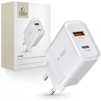 Tech-Protect C30W 1x USB-A + USB-C White (9589046926792)
