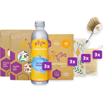 BajaBee Home Eco Set Premium Voskové vrecko XL 1 ks + Voskové obrúsky 4 ks + 3 x Pracie pásiky na 48 praní + 3 x Parfém na pranie 250 ml + Domáci pomocníci 3 ks