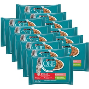 PURINA ONE STERILCAT с пуйка и зелени фасул в сос, с сьомга и морков в сос, 48 x 85 г
