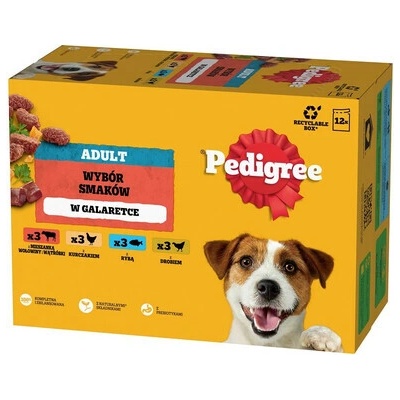 Pedigree Adult Výber Chutí s hovädzím a pečenou s kuracím mäsom s rybou s hydinou v želé 12 x 100 g