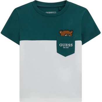 GUESS Двуцветна тениска за мини момче в зелено и бяло с джоб и сладко мече Guess