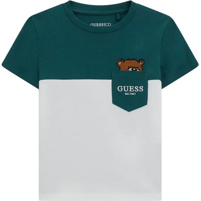 GUESS Двуцветна тениска за мини момче в зелено и бяло с джоб и сладко мече Guess