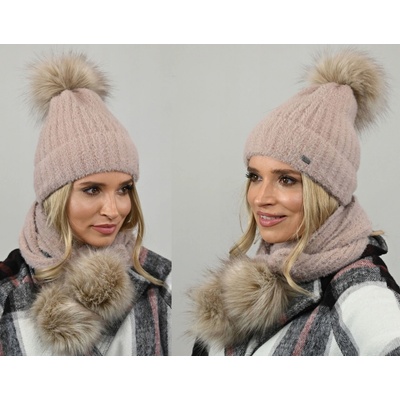 Fashionweek exkluzivní alpakový zimní set čepice a šála s bambulkami Jenot Zizi-AL4 Béžový