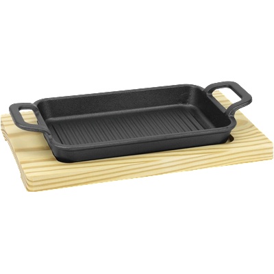 HORECANO HORECANO-Чугунено плато оребрено с дръжки на дървена подложка 20.5x13.5xh2.8cm (HC-931314) (242930) (01931314)