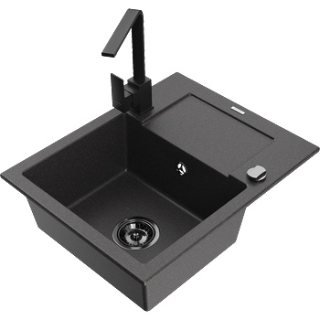 Mexen Enzo гранитна мивка с 1 отделение с отцедник и кухненски смесител Rita, черен накълцан - 6506-76-670300-70-B (6506-76-670300-70-B)