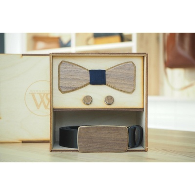 Wood Style Set Hranatý Modrotisk opasek motýlek a manžetové knoflíčky Hnědá Ořech americký