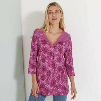 Tunika s 3 4 rukávmi potlačou a háčkovaným zdobením purpurová slivková