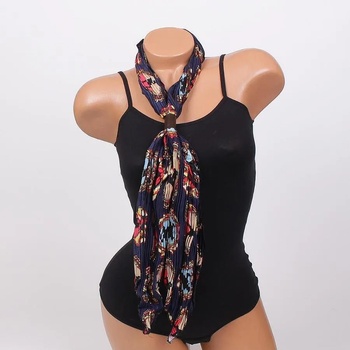 Image 1 of Плисиран шал в тъмносиньо с орнаменти и кожен акцент