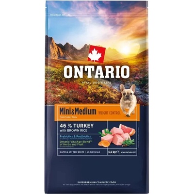 ONTARIO Mini & Medium Weight Control Turkey & Brown Rice 6, 5 кг