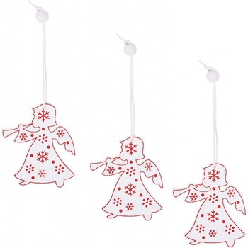 SPRINGOS Drevený prívesok biely s červenými ornamentmi 3ks. Vianočná dekorácia Dekorácia na vianočný stromček Anjel