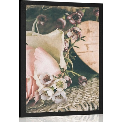 Plakát růže a srdíčko v jute - 20x30 silver