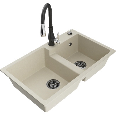 Mexen Tomas двоен кухненски мивка от гранит с кухненски батерия Savita, бежов - 6516-69-672601-70 (6516-69-672601-70)