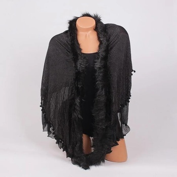 Image 1 of Черен шал с лъскав ефект, пухче и топчета