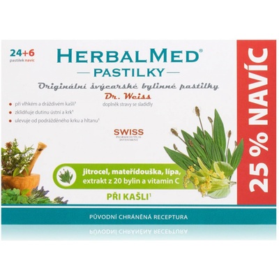 HerbalMed pastilky Jitrocel Mateřídouška Lípa Vitamín C 24+6 pastilek