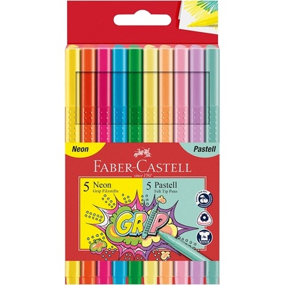Faber-Castell Флумастери Grip, 5 цвята неон и 5 цвята пастел (O1010180017)