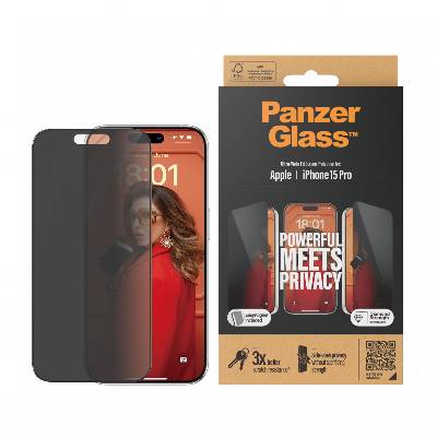 Стъклен протектор PanzerGlass за Apple iPhone 15 Pro, UWF с рамка за инсталация, Privacy, Черен (5711724128103)