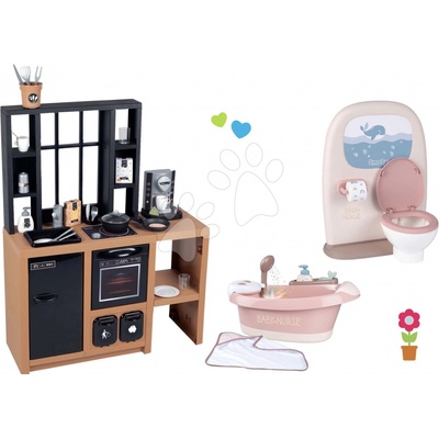 Smoby Set kuchynka moderná Loft Industrial a záchod s kúpeľňou pre bábiky a vanička s tečúcou vodou a bublaním