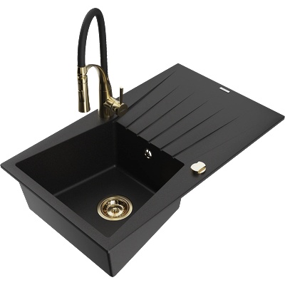 Mexen Cesar гранитна кухненска мивка с 1 отделение и сушилник с кухненски смесител Aster, черен - 6514-77-73450-57-G (6514-77-73450-57-G)