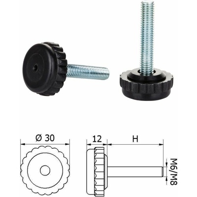 ø-30mm, M8x25mm, H-25mm, černá, bezkloubová plastová nivelační nožička, závitově-nastavitelná