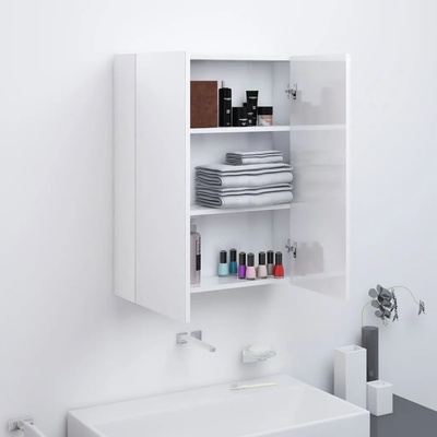 vidaXL Шкаф с огледало за баня, 60x15x75 см, МДФ, бял гланц (331525)