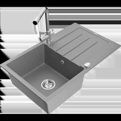 Bruno гранитна кухненска мивка с една камера с отцедник и кухненски смесител Duero, сив - 6513-71-671600-00 (6513-71-671600-00)