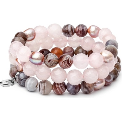 Gaura Pearls Souprava tří náramků sladkovodní perla achát a růvý křemen ocel 202-63B