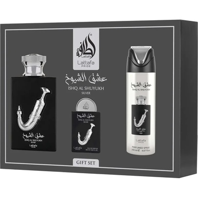 Lattafa Pride Ishq Al Shuyukh Silver EDP 100 ml + Lattafa Pride Ishq Al Shuyukh Silver EDP 20 ml + deodorant s parfumáciou 200 ml