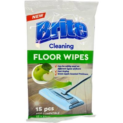 BRITE CLEANING, Мокри кърпички за под - Green Apple, 15 бр. (22x27 cm)