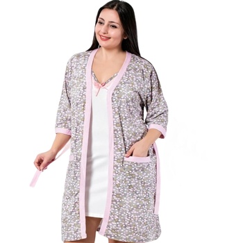 Макси нощница и халат в светлокафяво и бяло с цветя